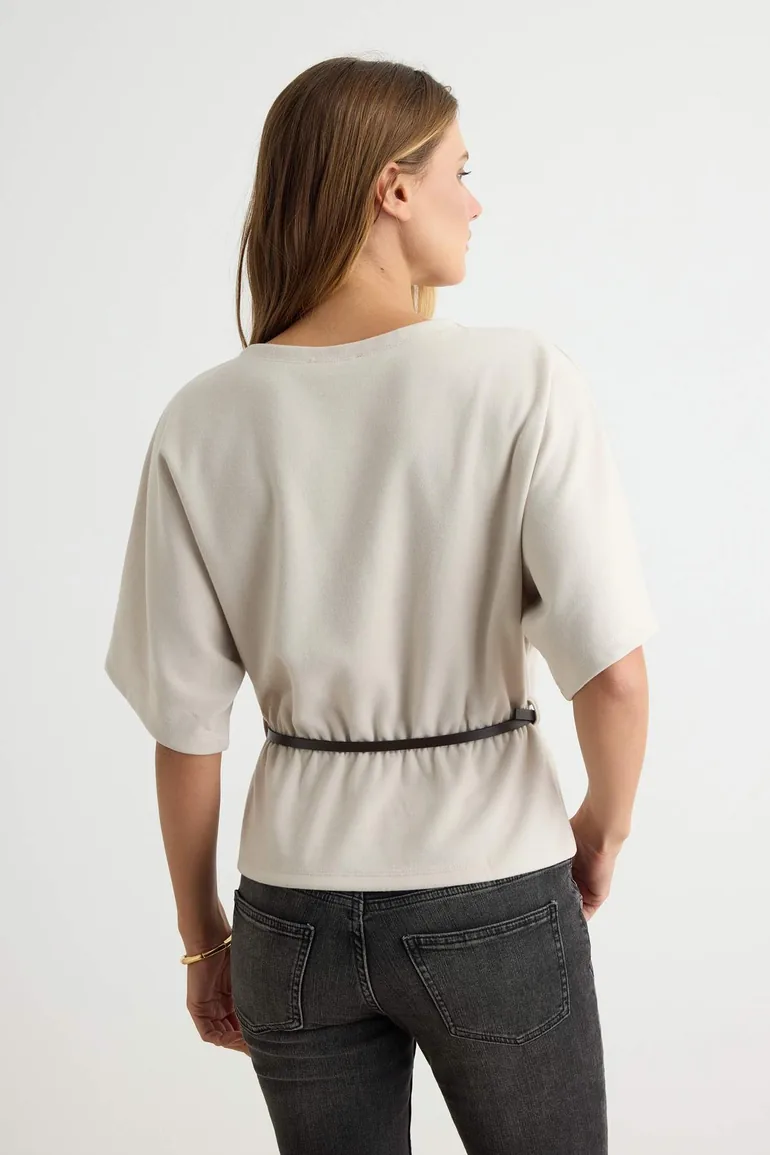 Stone Plain Regular Boat Neck Standard Sleeve Short Regular Interlock Knitted Blouse - 2