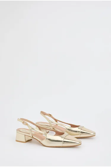 Daphnie Faux Metallic Leather Sling Back Block Heeled Toe Cap Court Shoes