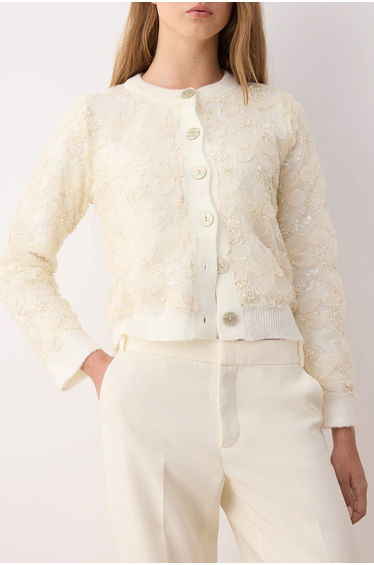 Soft Textured Knitted Cardigan with Ecru Lace Garnish product thumbnail 3