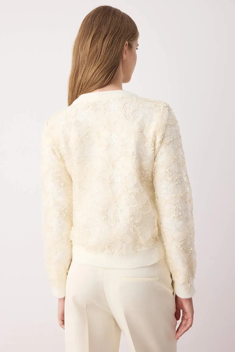 Soft Textured Knitted Cardigan with Ecru Lace Garnish - 3