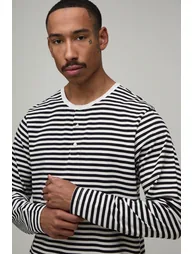 Regular Fit Stripe Henley Long-sleeve T-Shirt - black - 2