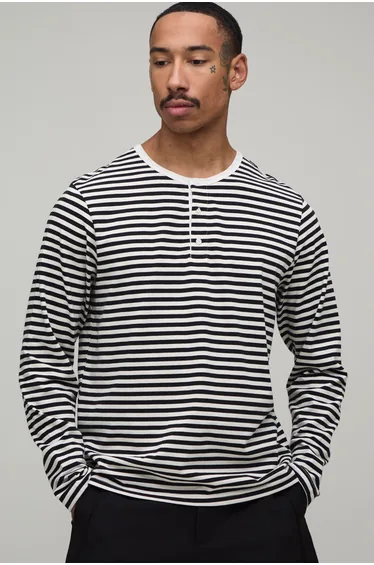 Regular Fit Stripe Henley Long-sleeve T-Shirt - black