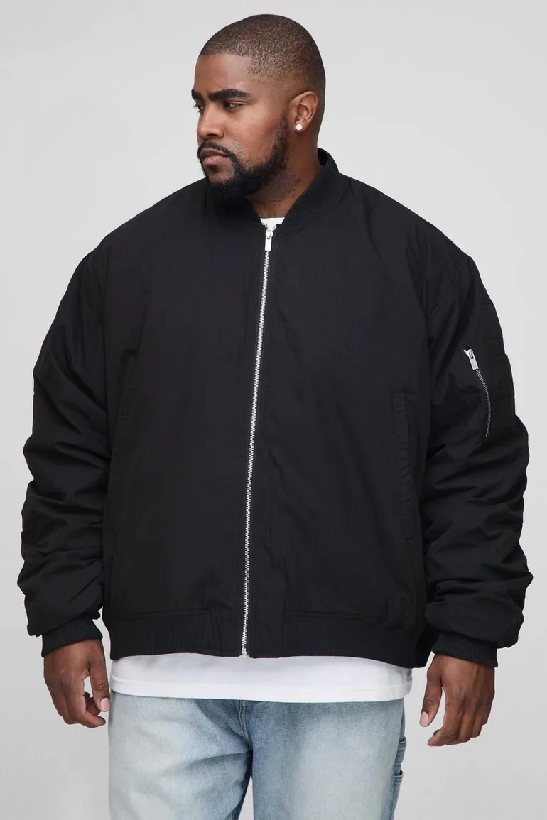 Plus Peached Embroidered MA1 Bomber Jacket - black