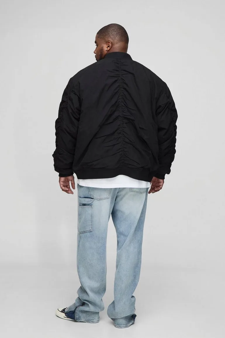Plus Peached Embroidered MA1 Bomber Jacket - black - 1