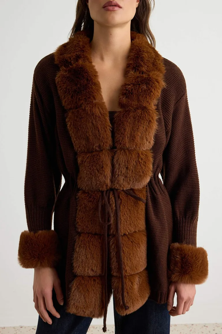 Brown Soft Fur Detailed Knitwear Cardigan - 2