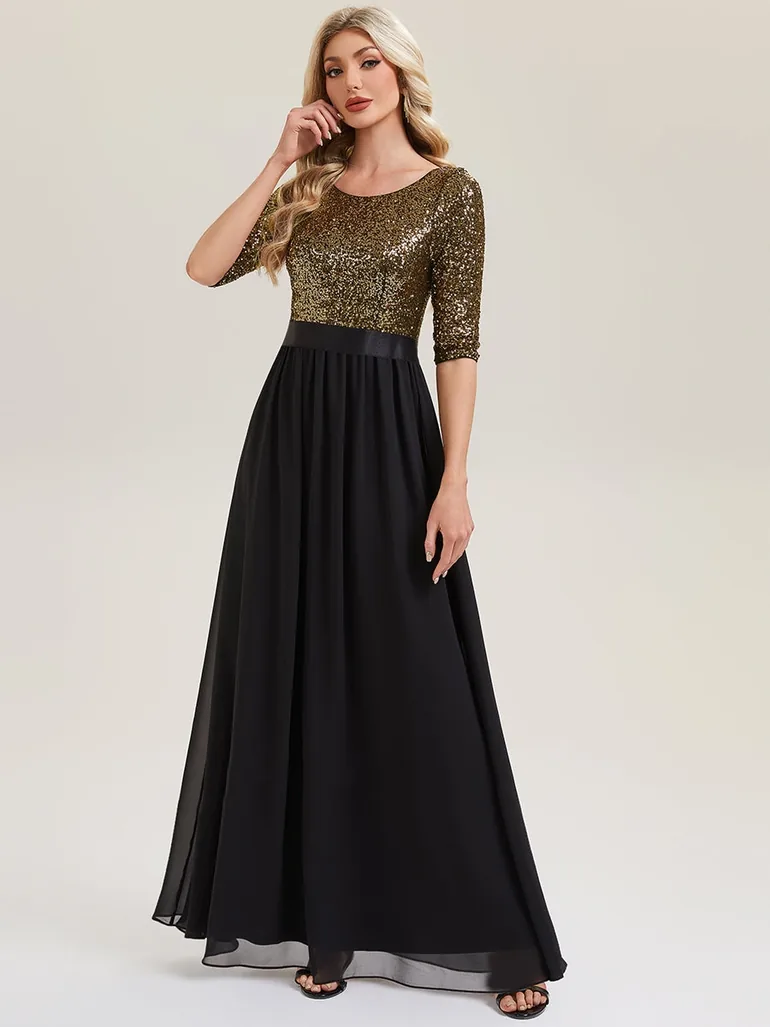3/4 Sleeve Sequin Patchwork A-Line Floor-Length Evening Dress - 4