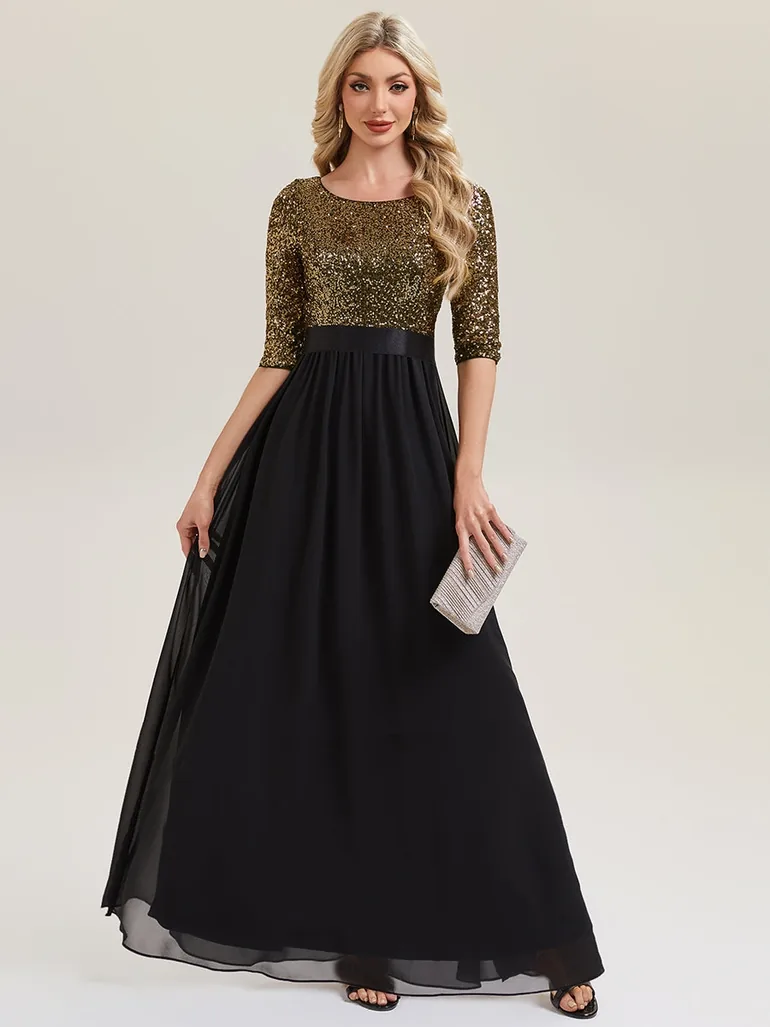 3/4 Sleeve Sequin Patchwork A-Line Floor-Length Evening Dress - 3
