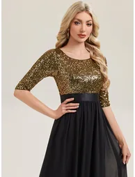 3/4 Sleeve Sequin Patchwork A-Line Floor-Length Evening Dress - 2