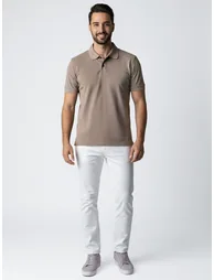 Men Beige Textured Short Sleeve Polo