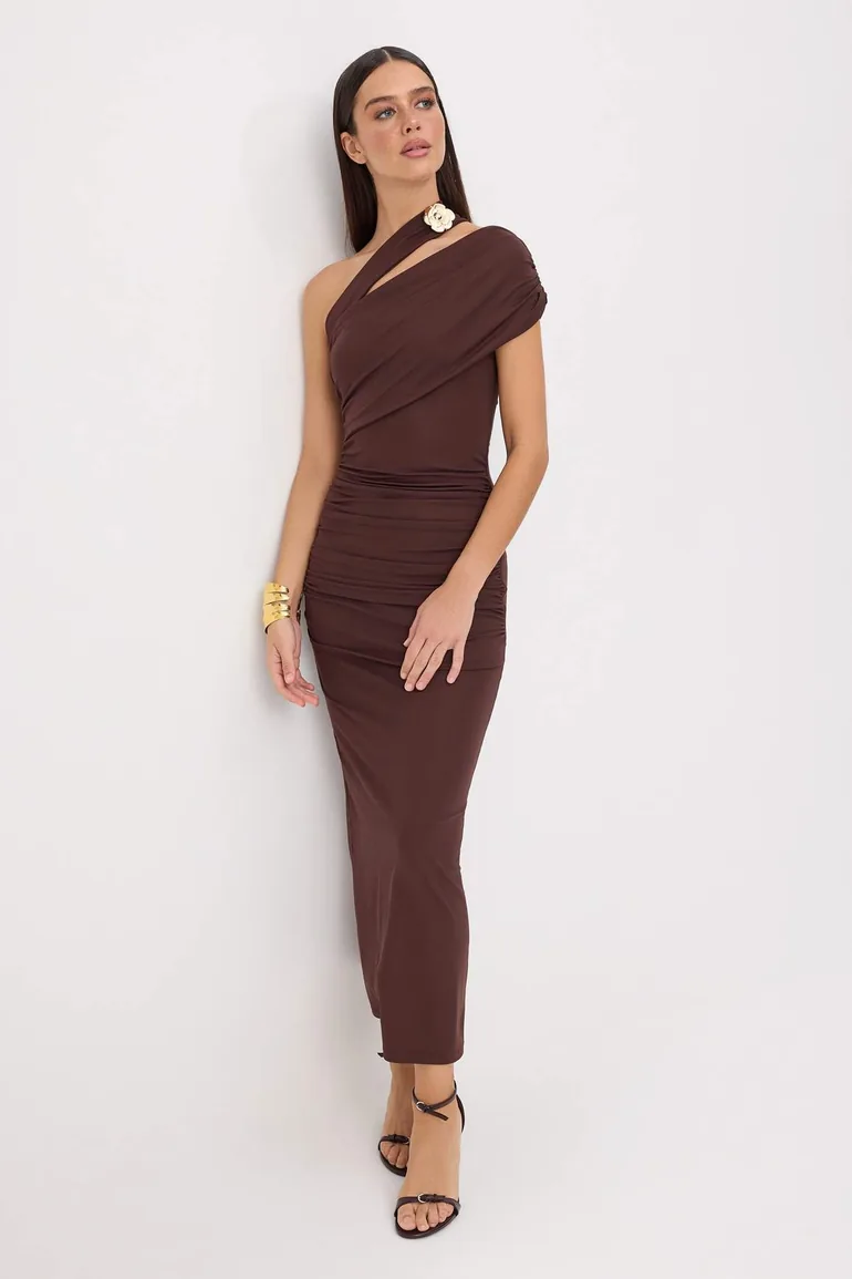 Brown Asymmetrical Collar Knitted Dress with Accessories