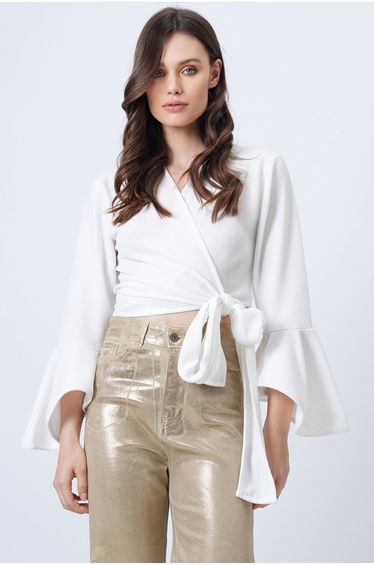 Women's White Double-Breasted Tie Detail Flared Sleeve Crop Blouse