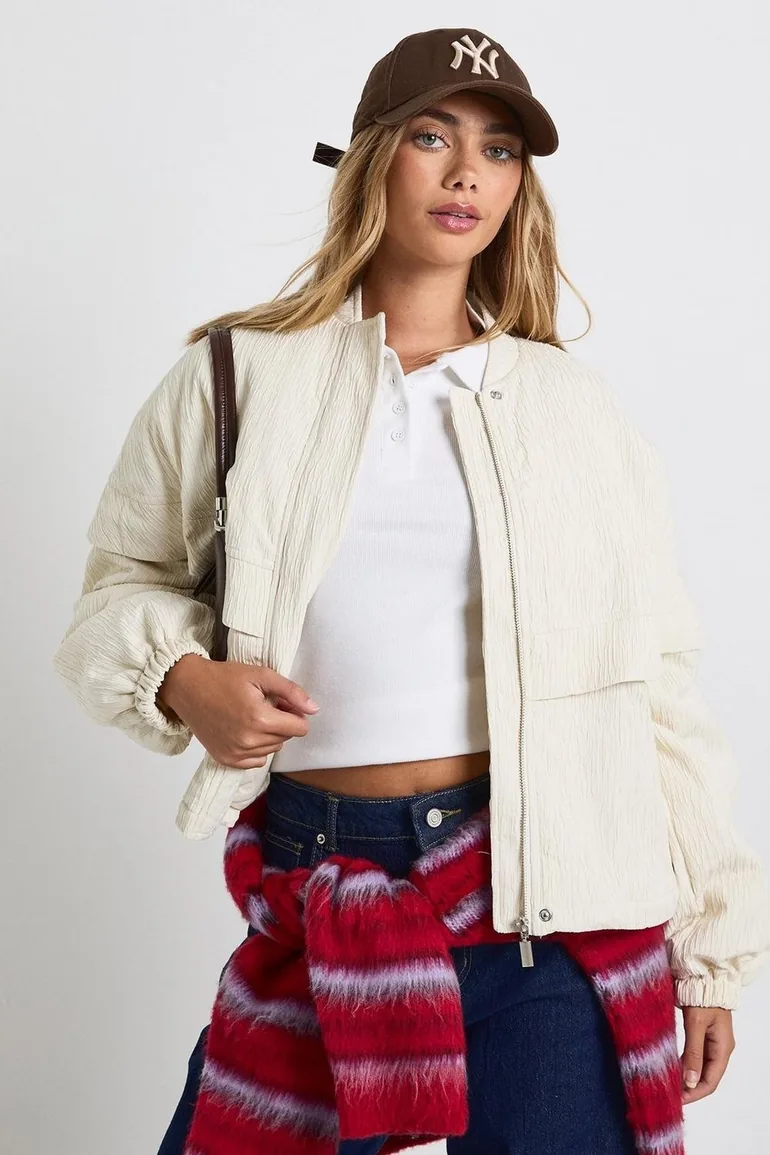 Textured Collarless Bomber Jacket - cream