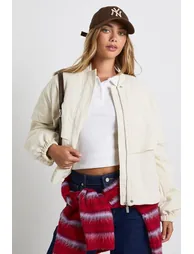 Textured Collarless Bomber Jacket - cream