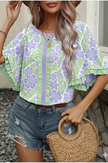 Lvness Purple Floral Print Ruffled Color Block Trim Half Sleeve Blouse