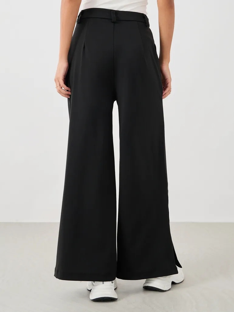 Solid Pin Tuck Detail Wide Leg Pants with Side Seam Buttons - 3
