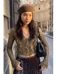 Khaki Fitted Double-Breasted Long Sleeve Ruffled Lace Knitted Blouse - 4