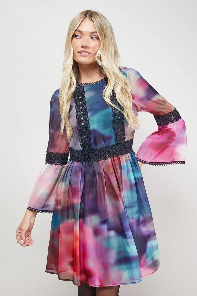 Lace Trim Fluted Sleeve Mini Prom Dress - 1