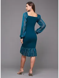 Solid Ruched Ruffled Hem Sheath Midi Dress - 3