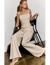 Oyster Woven Ruched Bodice Overlay Straight Leg Jumpsuit - 5