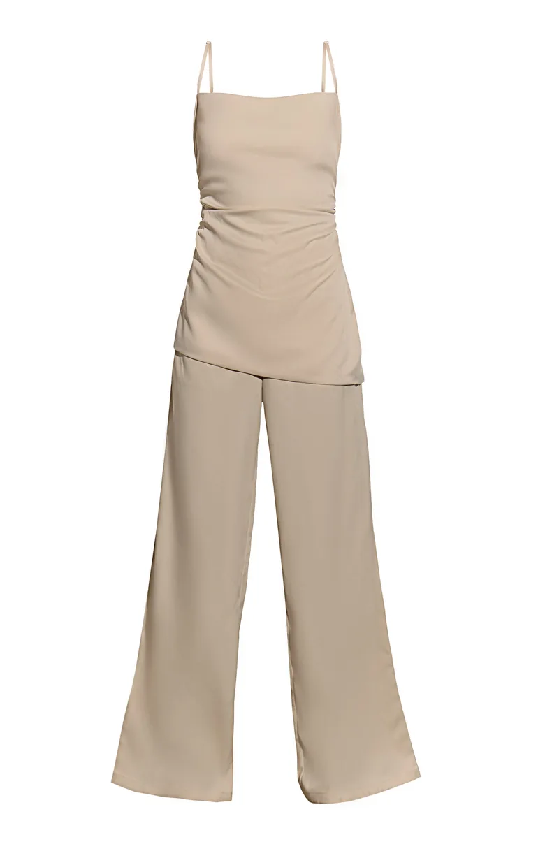 Oyster Woven Ruched Bodice Overlay Straight Leg Jumpsuit - 4