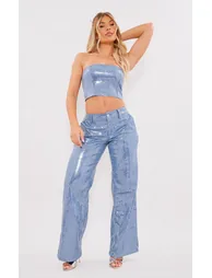 Light Blue Wash Sequin Bandeau Top - 2
