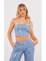 Light Blue Wash Sequin Bandeau Top