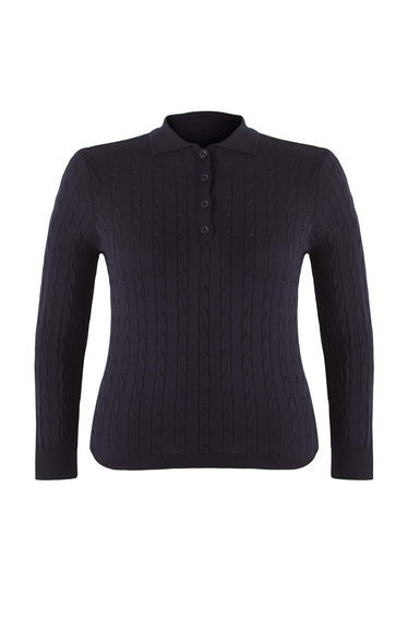 Navy Blue Polo Collar Knitted Thin Knit Blouse