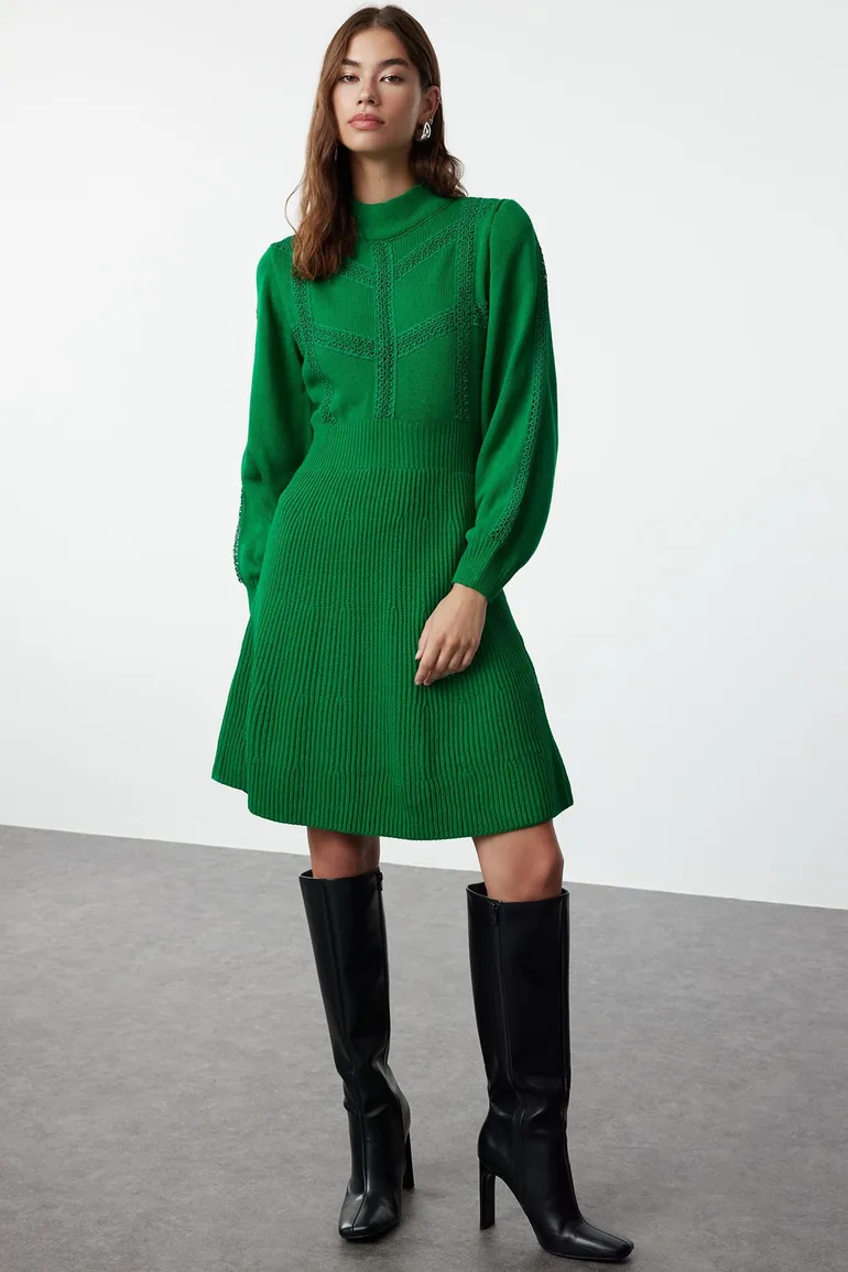 Shop Green Embroidered A-Line Mini Skater Dress with Long Sleeves Online in Kuwait