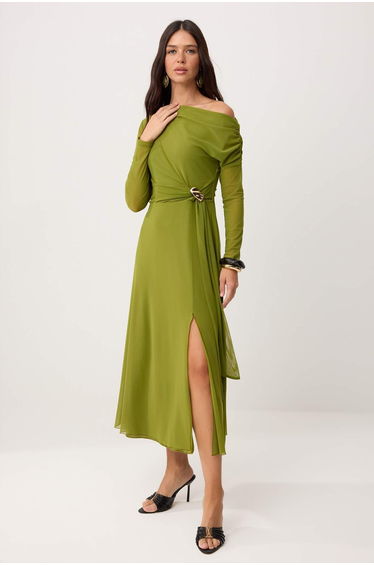 Oil Green Accessory Detailed Lined Tulle Asymmetrical Collar Slit Maxi Knitted Dress