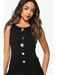 Gold Trim Rib Poplin Mix Mini Dress - black - 3
