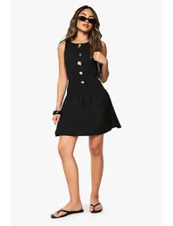 Gold Trim Rib Poplin Mix Mini Dress - black
