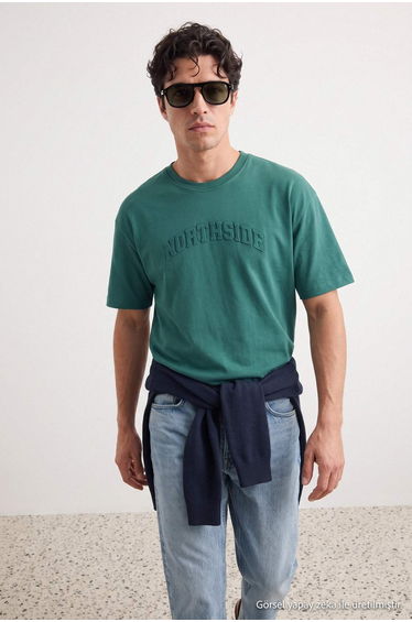 Dark Green Oversize/Relaxed Fit Embossed Printed T-Shirt