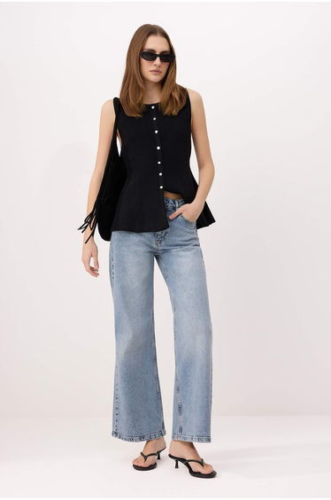 Light Blue Normal Waist Less Stretch Wide Leg Long Length Jeans