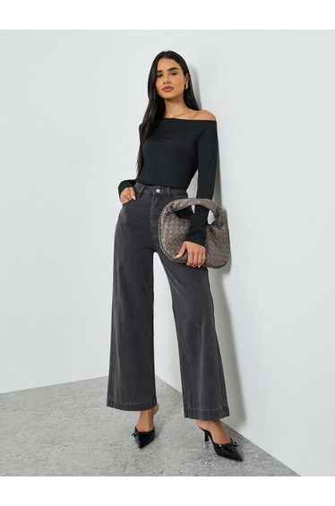 Black One Shoulder Long Sleeve Top