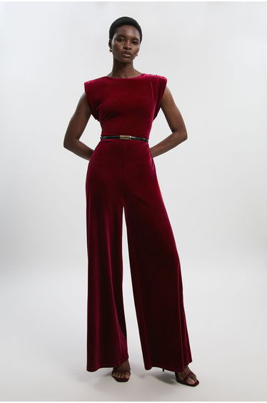 Petite Stretch Velvet Strong Shoulder Jumpsuit