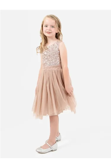 Mini Maya Taupe Blush Delicate Sequin Midi Dress with Bow