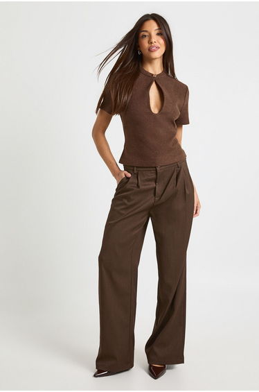 Wool Look Keyhole Gold Button Top - chocolate