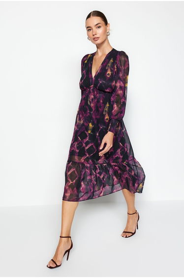 Black Chiffon A-Line Midi Smock Dress with Ruffles
