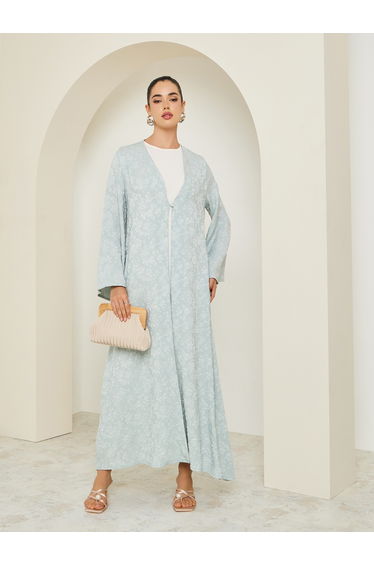 Women Green Jacquard Open Front Abaya