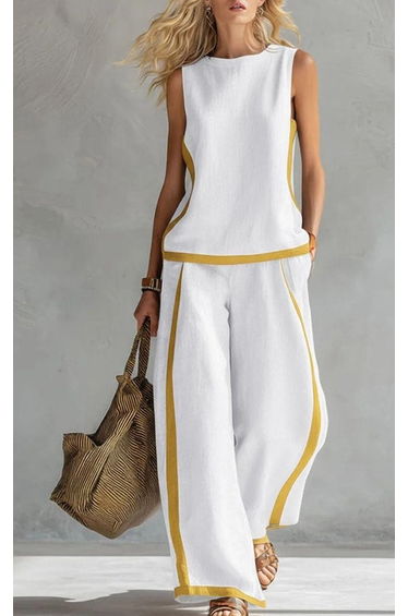 Contrast Color High Waisted Pants + Round-Neck Sleeveless Top Two Pieces Set