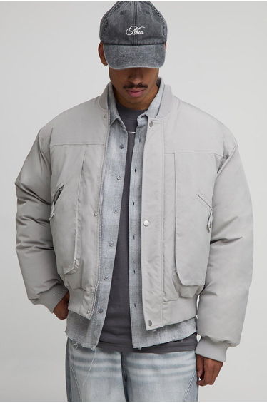 Oversized Seam Detail Peached Nylon Bomber Jacket - light grey