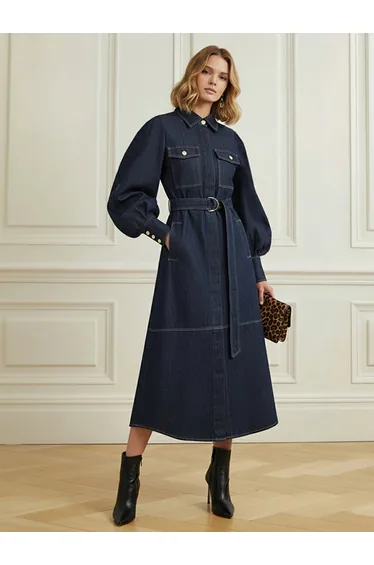 Puff Sleeves Belted Buttoned Pockets Split-Joint Lapel Dress