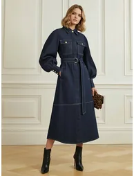 فستان بحزام بأكمام منفوخة بجيوب بأزرار بفتحة