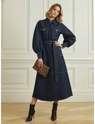 فستان بحزام بأكمام منفوخة بجيوب بأزرار بفتحة - 1