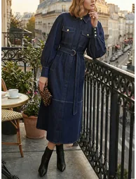 فستان بحزام بأكمام منفوخة بجيوب بأزرار بفتحة - 8