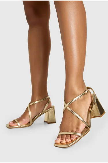 Mid Block Cross Front Strappy Heels - gold