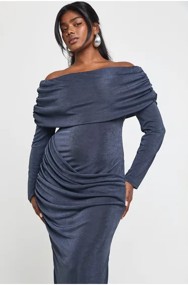 فستان بوهو رمادي بلا أكتاف- للمقاسات الكبيرة