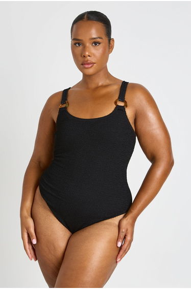 Plus Crinkle Scoop Neck Trim Detail Swimsuit - black