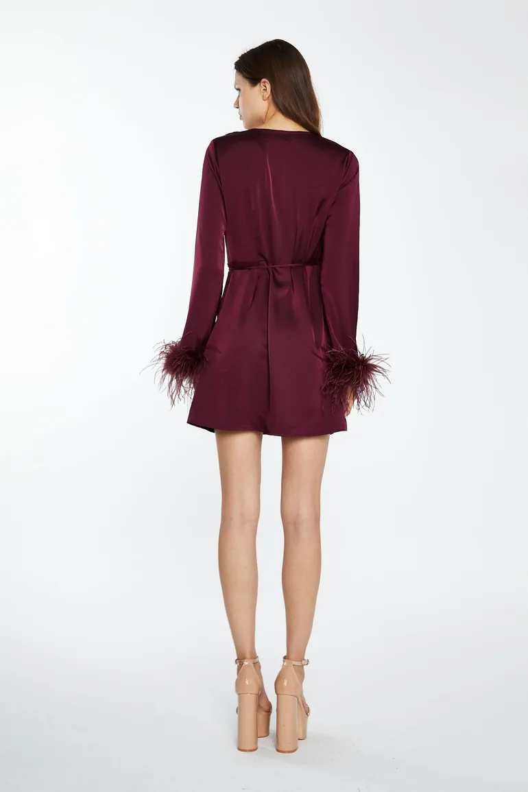 Shop Deep-Burgundy Satin Feather Trim Wrap Mini-Dress Online in Oman Shop Deep-Burgundy Satin Feather Trim Wrap Mini-Dress Online in Oman