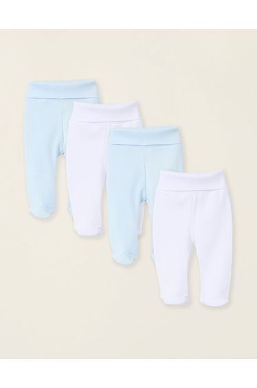 Pack of 4 Footed Cotton Trousers for Newborns and Babies, White/Blue